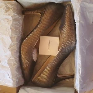 Cole Haan Black and gold pointed toe heels